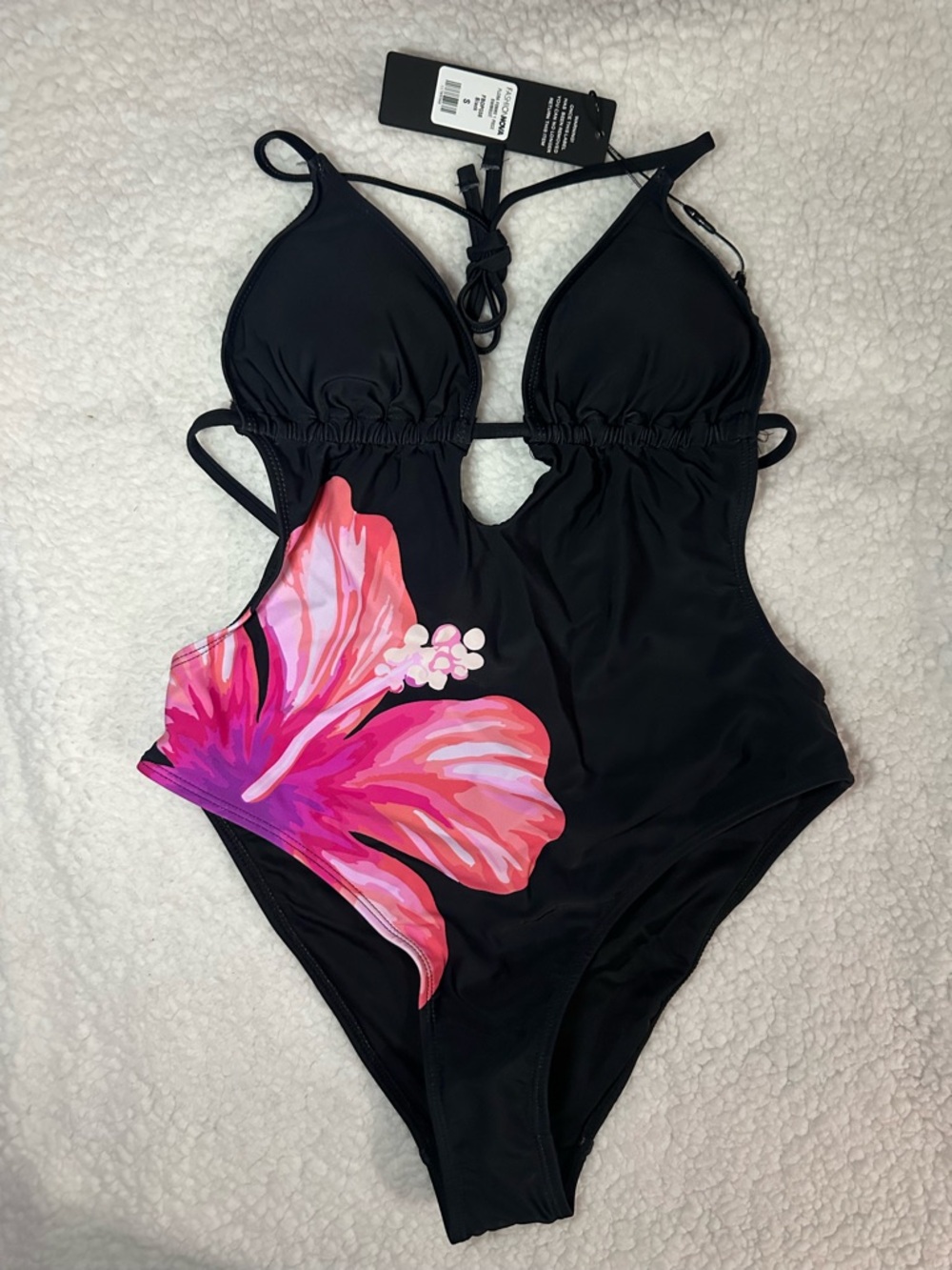 Fashion Nova Black One-Piece Swimsuit with Pink Floral Print